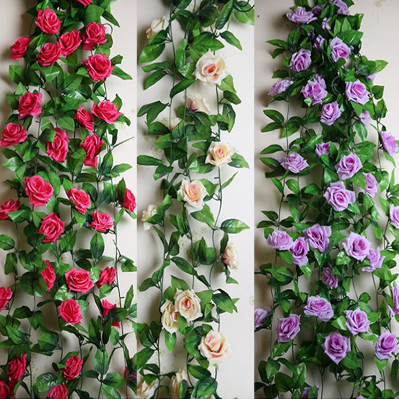 Hoa Giả   Hugia  Dây hoa hồng bằng vải lụa &amp; lá thường xuân giả 2.3M treo tường trang trí tiệc cưới