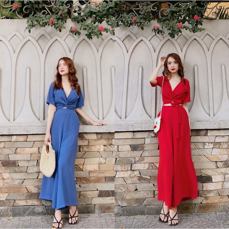 Bộ áo croptop búi eo và quần ống rộng