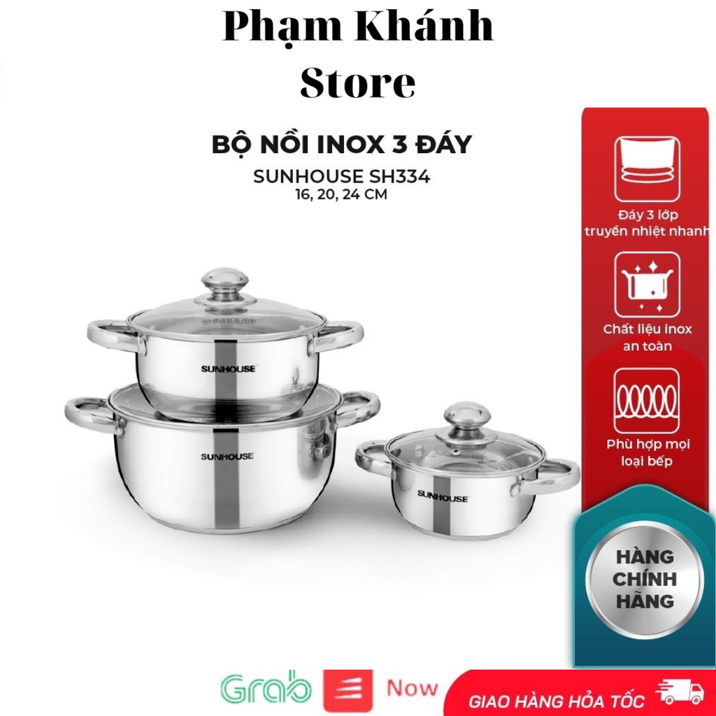 BỘ NỒI INOX 3 ĐÁY SUNHOUSE SH334
