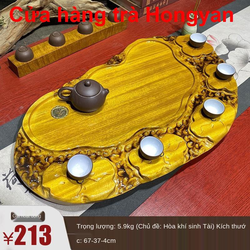 Vần cổKhay trà bằng gỗ trắc nguyên khối dát vàng lụa nanmu khắc gốc Kung Fu bộ long não hộ gia đình bàn hình chữ1