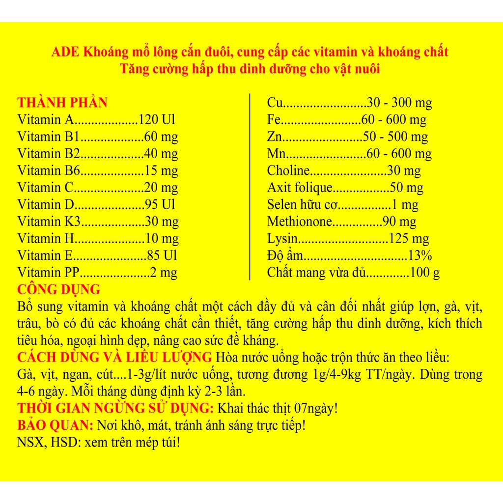 1 gói ngày ngày lớn 100g Premix khoáng vi lượng dùng tốt cho gia súc, gia cần, gà chọi, gà đá, chim cảnh