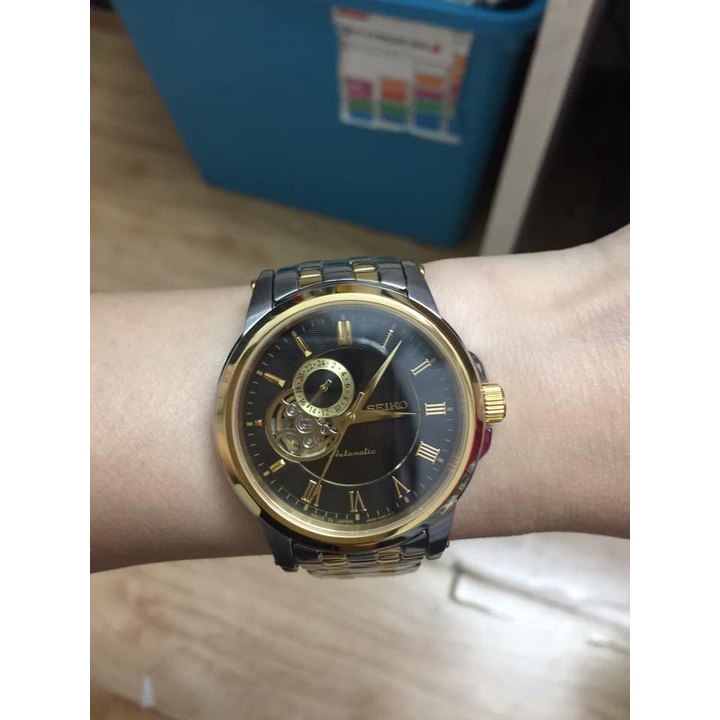 Đồng hồ Nam seiko hở máy chạy cơ automatic vỏ vàng dây đơ mi trắng pha vàng máy Nhật 40-41mm