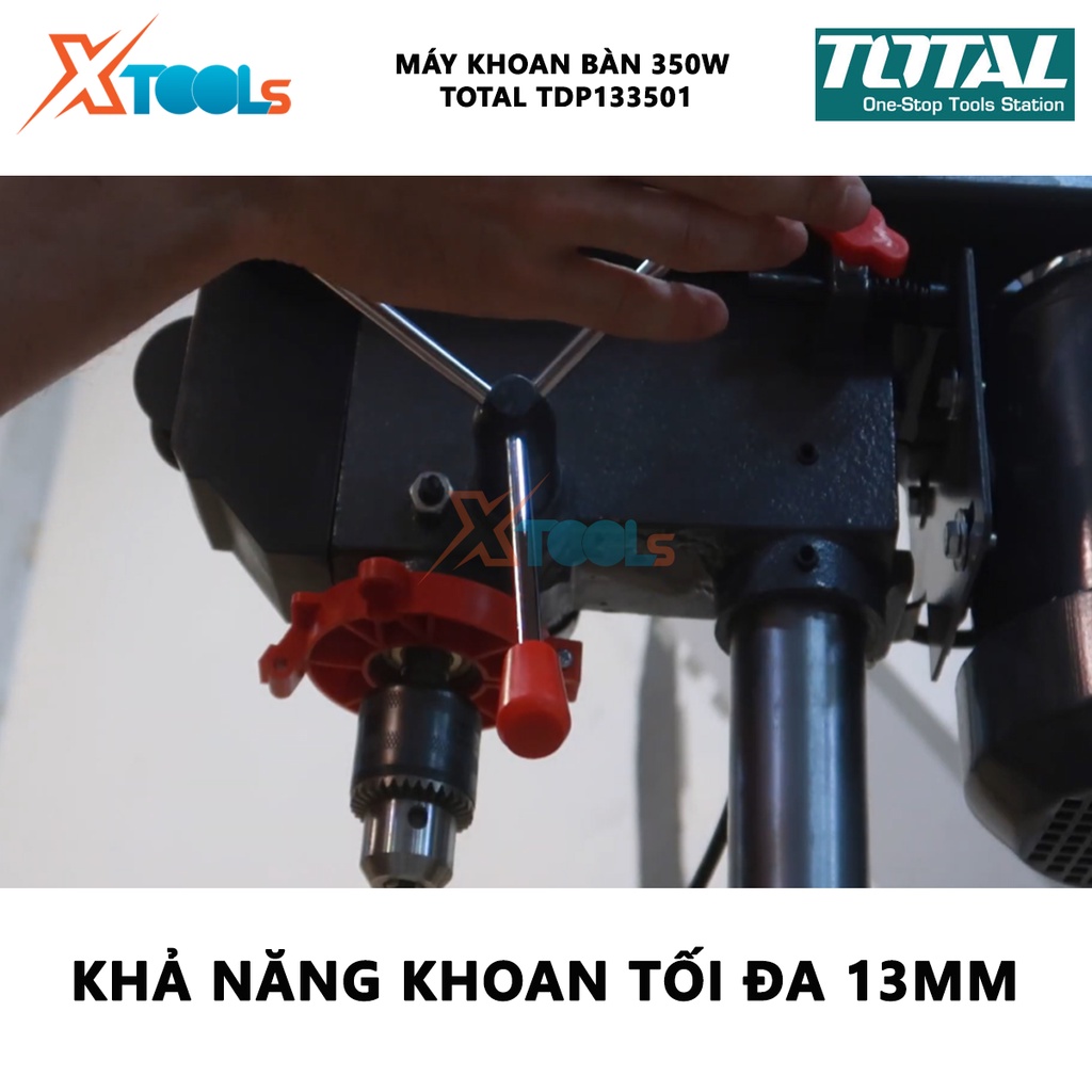 Máy khoan bàn Total TDP133501 công suất 350w, tùy chỉnh chỉnh độ cao, tốc độ 580-2650v/p; khả năng khoan 13mm; đường kín