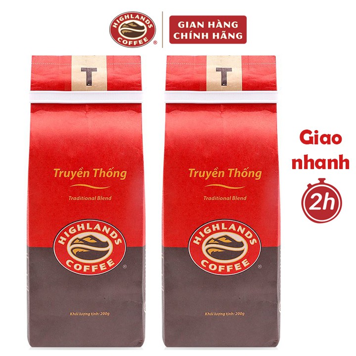Hai gói cà phê rang xay Truyền Thống Highlands Coffee 200g, cafe pha phin Truyền thống: cà phê arabica + cà phê robusta | BigBuy360 - bigbuy360.vn