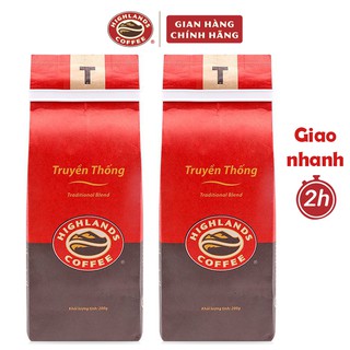 Hai gói cà phê rang xay Truyền Thống Highlands Coffee 200g, cafe pha phin Truyền thống: cà phê arabica + cà phê robusta