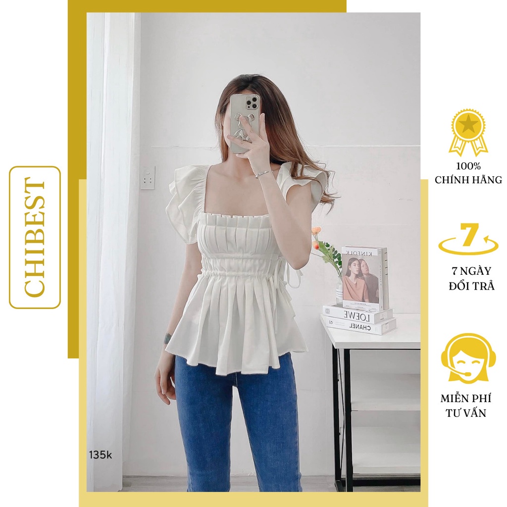 Áo kiểu nữ xếp ly ngực phối rút dây ngang eo tay bèo cánh tiên CHIBEST DAB35