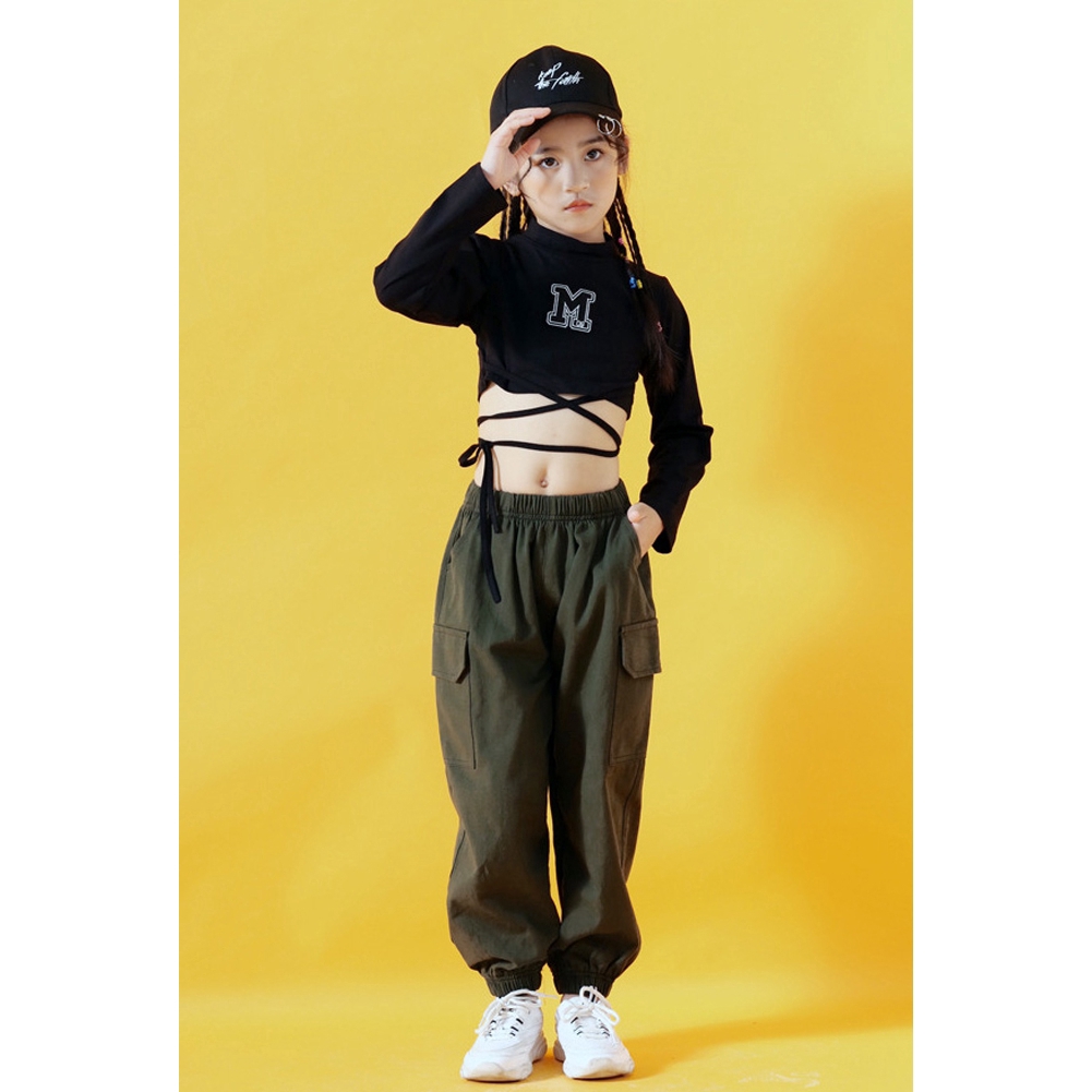 Bộ Áo Croptop Màu Đen + Quần Dài Phong Cách Jazz Hip Hop Thời Trang Biểu Diễn Cho Bé Gái