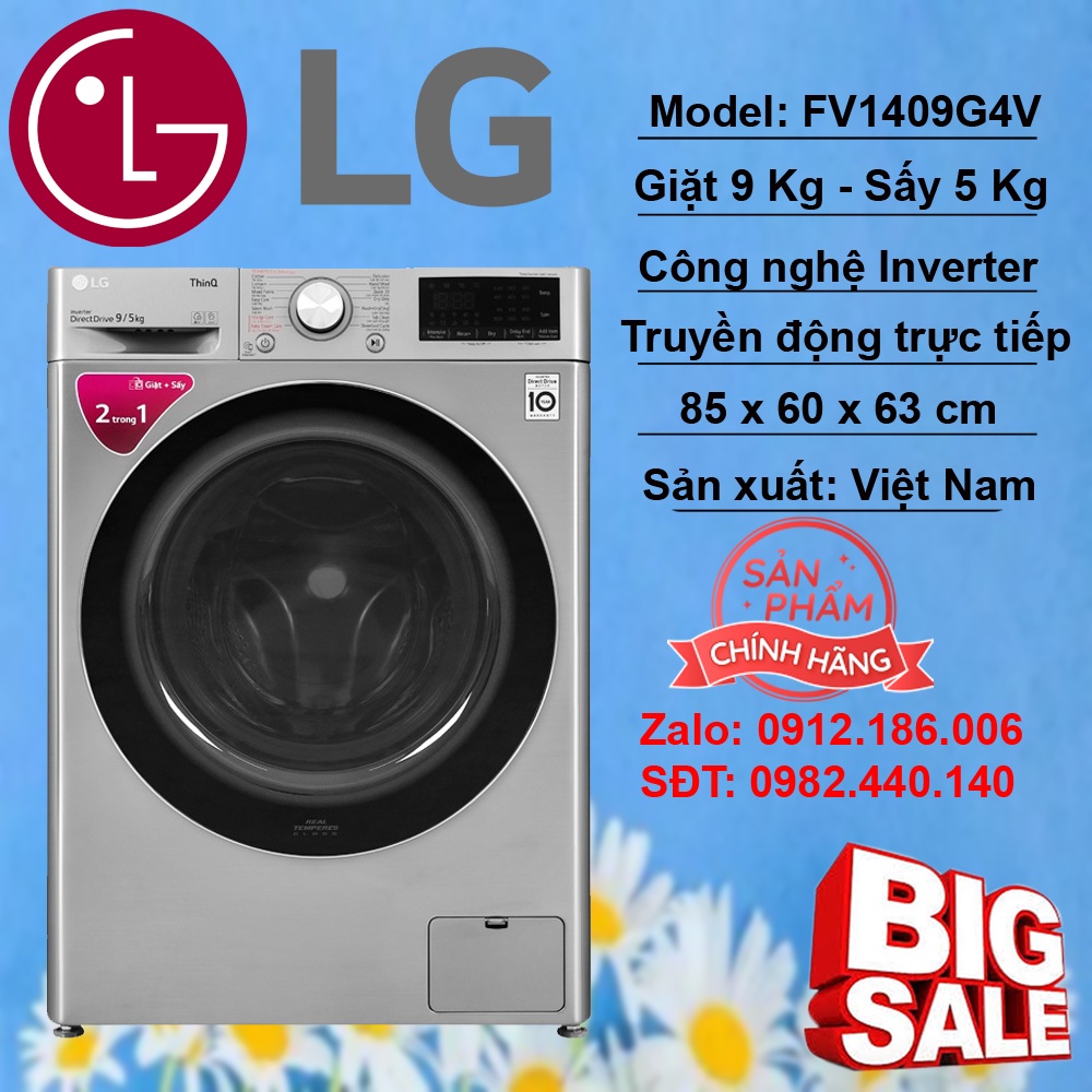 Máy giặt sấy LG Inverter 9 kg FV1409G4V - Hàng chính hãng - LIÊN HỆ VỚI NGƯỜI BÁN HÀNG ĐỂ ĐẶT HÀNG
