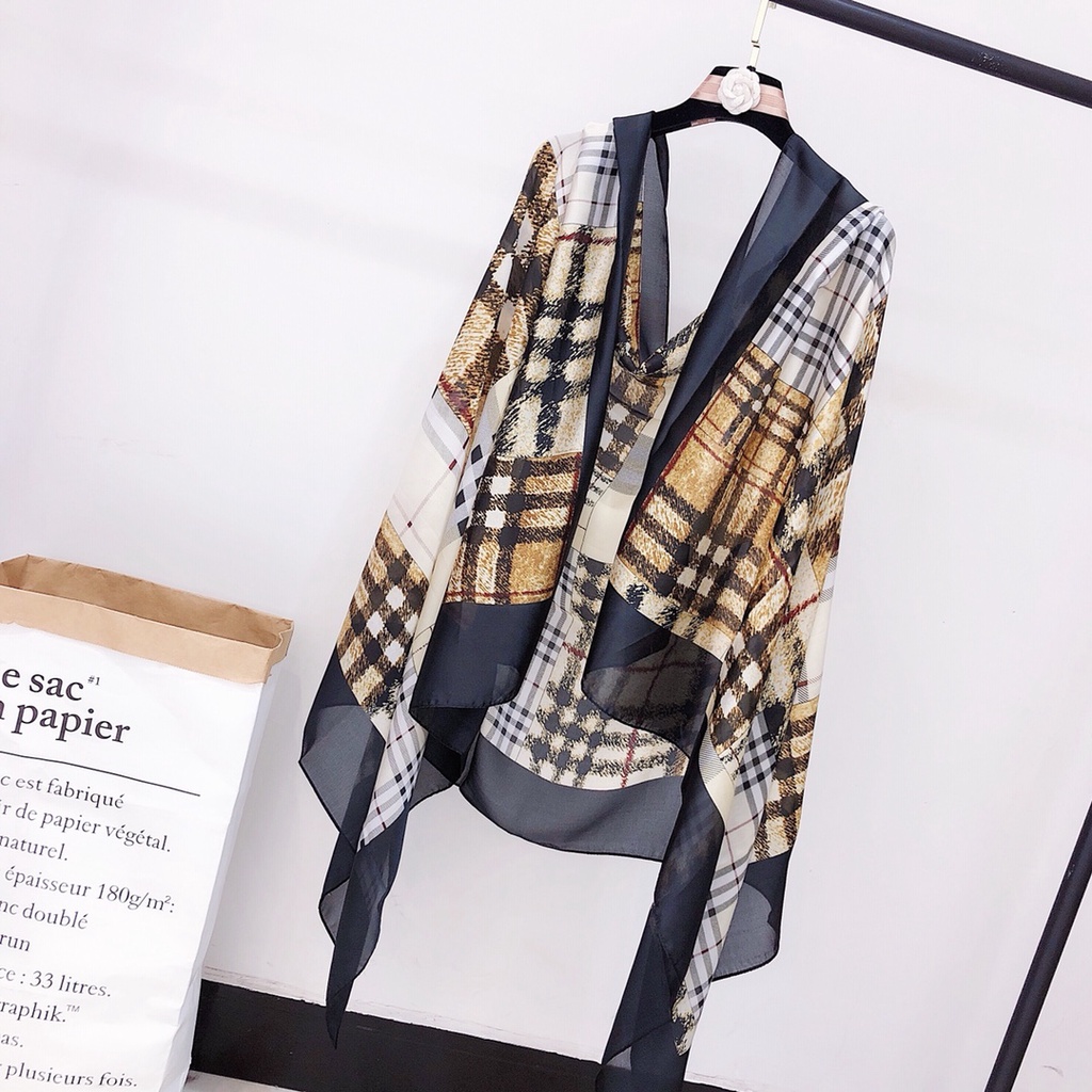 Khăn Choàng Lụa Dáng Dài In Họa Tiết Kẻ Ô Thời Trang Mùa Hè Cho Nữ