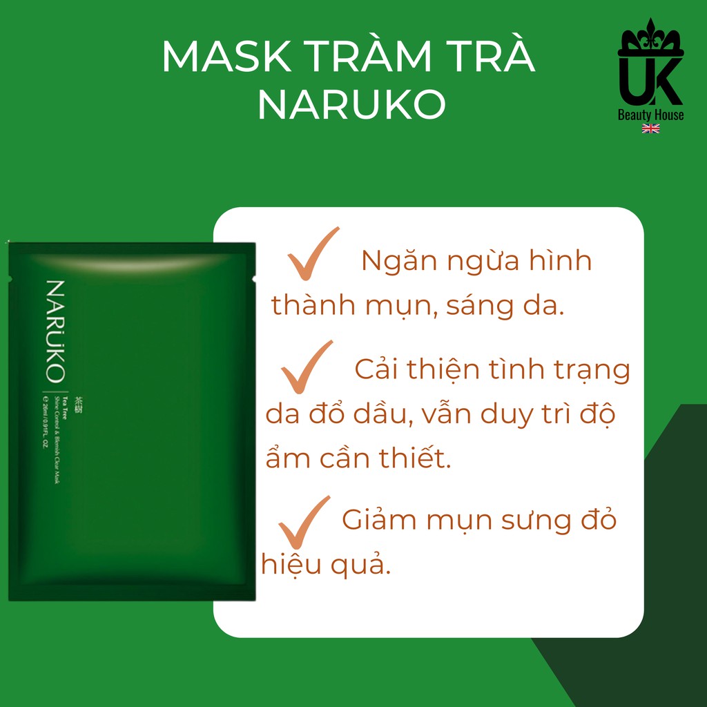 MẶT NẠ KIỂM SOÁT DẦU VÀ MỤN TRÀM TRÀ NARUKO TEA TREE 26ML/MIẾNG (BẢN ĐÀI LOAN)