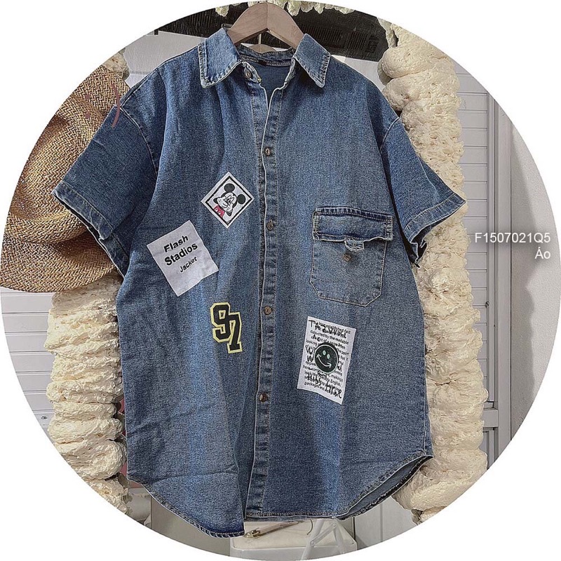 Áo sơ mi Jean 97 hình chuột và tem mặt cười đen s TT1507