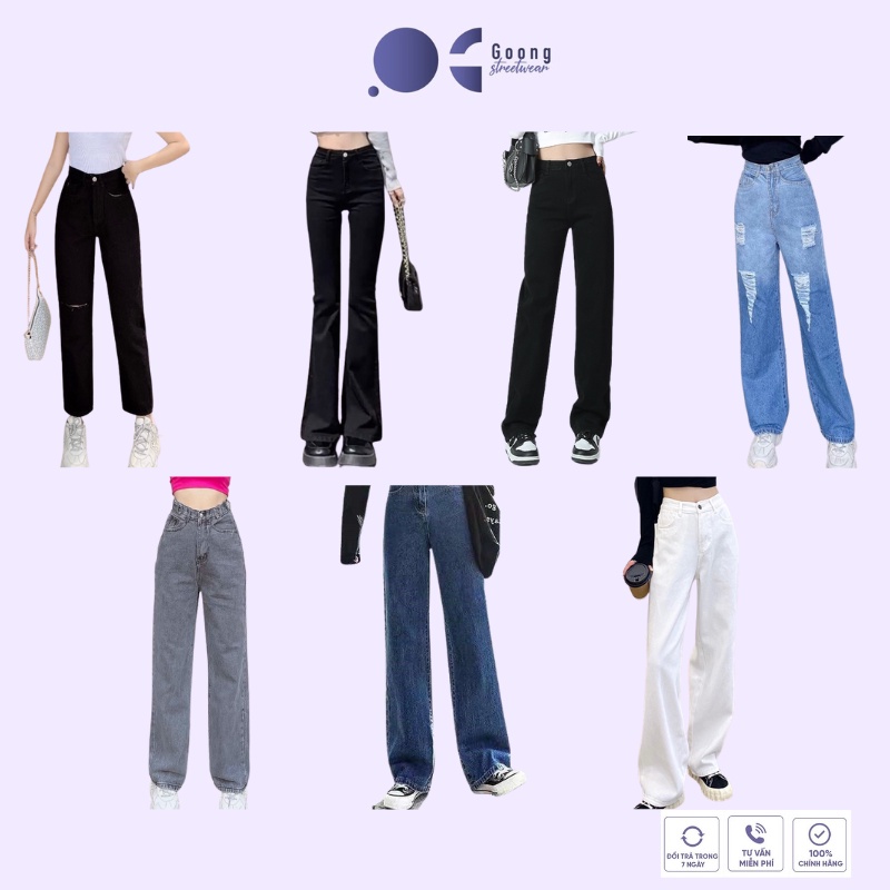 Quần jean baggy nữ lưng cao ống suông rách gối, baggy, ống rộng, kiểu hàn quốc cao cấp Đen Trắng Xám