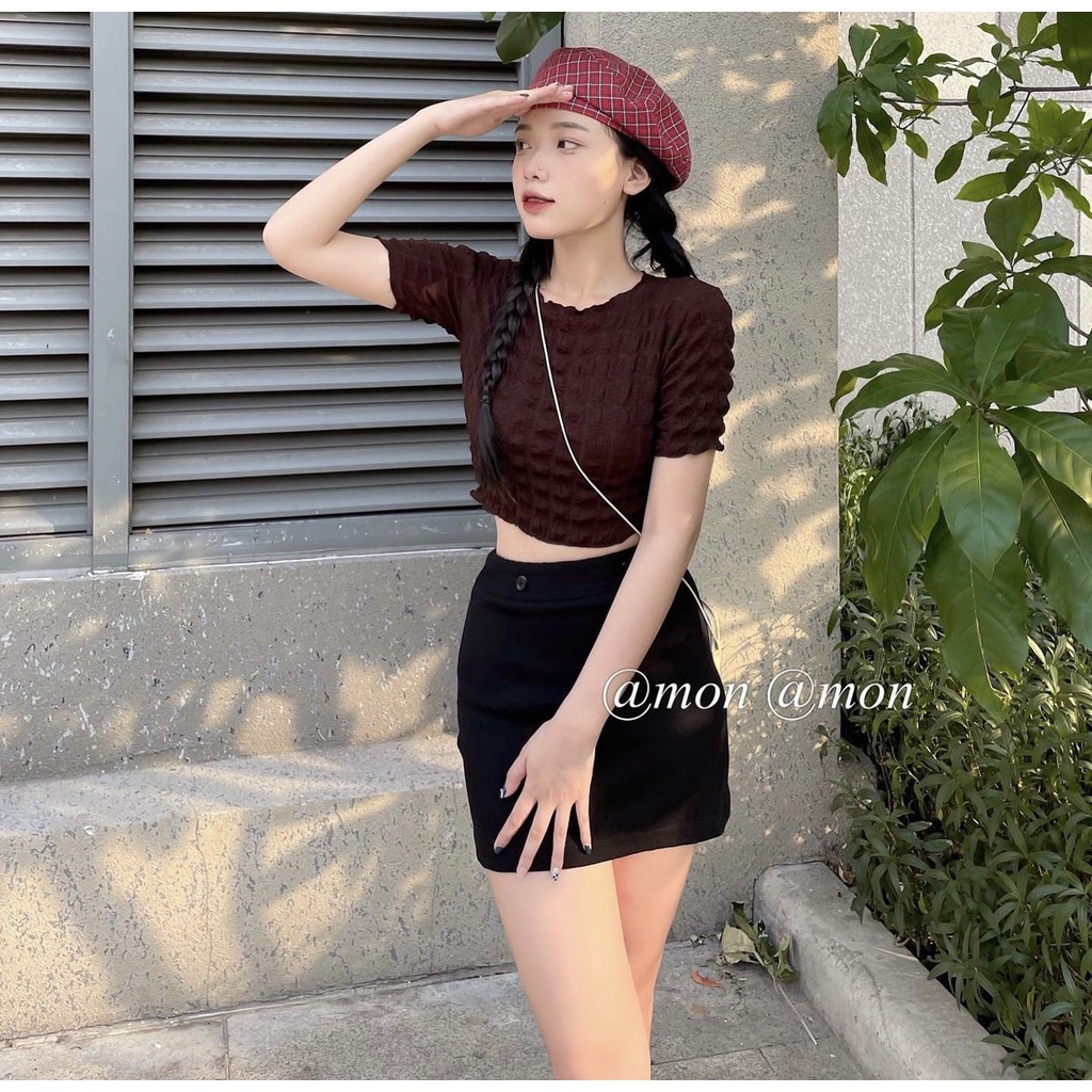 Áo croptop xốp ô vuông nữ, croptop ôm body tay ngắn mềm mại co giãn nhẹ 4 chiều phong cách năng động