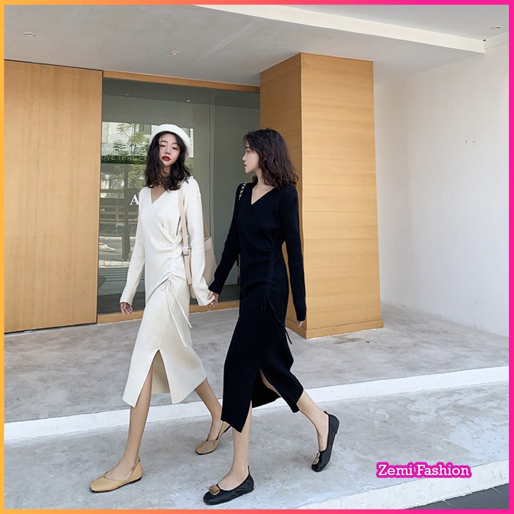 Váy Len Dáng Dài, Váy Len Body Rút Dây Xẻ Tà Qua Gối Cổ Áo Chữ V Điệu Đà | BigBuy360 - bigbuy360.vn