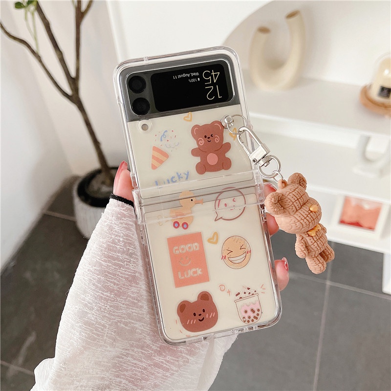 Ốp Điện Thoại Cứng Trong Suốt Có Mặt Trang Trí Hình Gấu Dễ Thương Cho Samsung Galaxy Z Flip 4 3 Z Flip3 5G