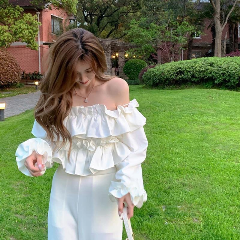 Áo Trễ Vai Croptop Bèo Nhún Trắng Bánh Bèo Nữ Tiểu Thư Dài Tay