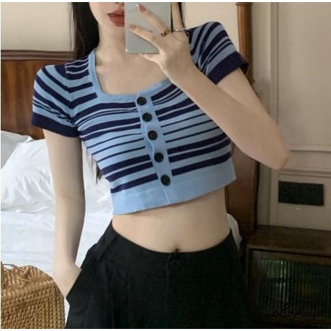 Áo Thun Dệt Kim Ngắn Tay Cổ Vuông Hai Màu Sắc Dành Cho Nữ