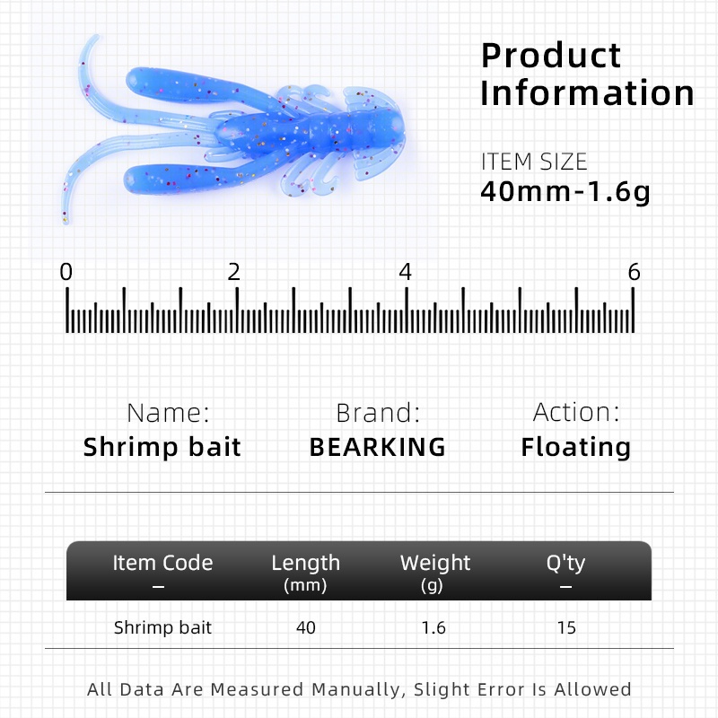 Túi 15 Mồi Câu Cá Giả Hình Tôm Mềm 4cm 1.6g