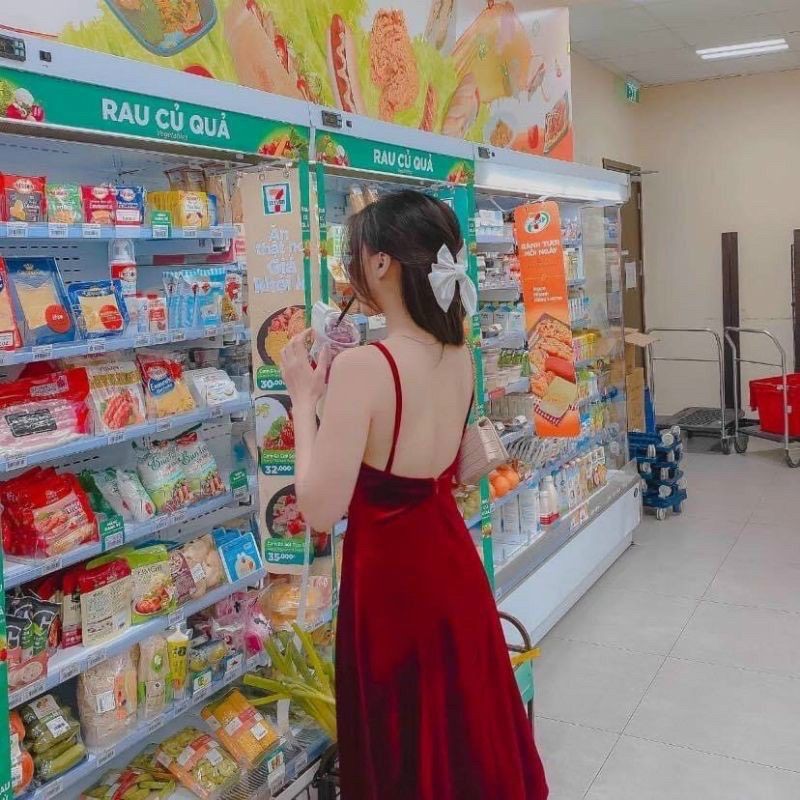 Đầm nhung 2 dây dáng dài hở lưng có mút ngực_cachuashophcm