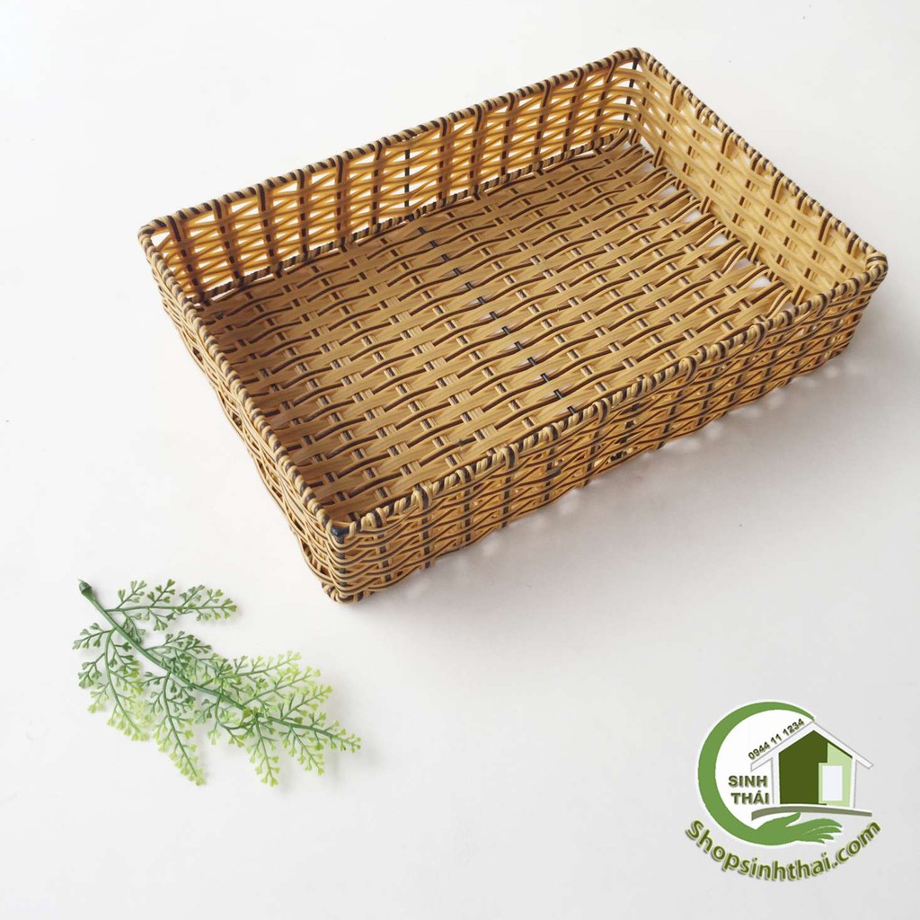 Rổ nhựa mây đan - khay nhựa giả mây hình chữ nhật - rổ lớn 30x20x6cm