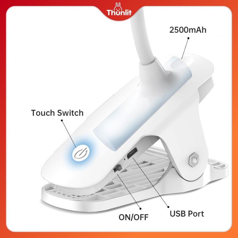 Đèn pin Thunlit USB 2500mAh có thể sạc lại kèm kẹp với 3 chế độ điều chỉnh ánh sáng