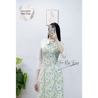 Áo Lụa Tơ Ý Cao Cấp 4 Tà Hoa Nhí Xanh Tay Trấng Tơ Cổ Thắt Nơ - TT77