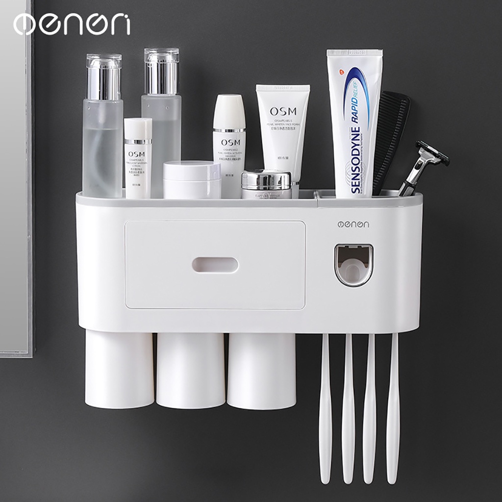 Kệ treo bàn chải đánh răng OENON nhả kem đánh răng tự động để đồ nhà tắm dán tường ROBIA - 0011