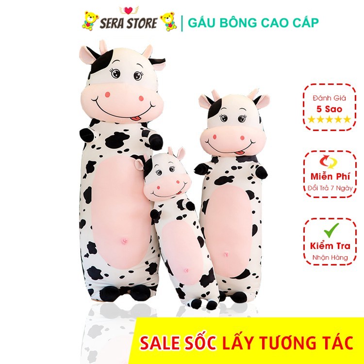 Gấu Bông Bò Sữa Cute Gối Ôm Thú Nhồi Bông Bò Sữa Siêu To Vải Nhung Mềm Mịn Lót Bông Gòn Căng Tròn, Size Lớn 95cm - 1m45