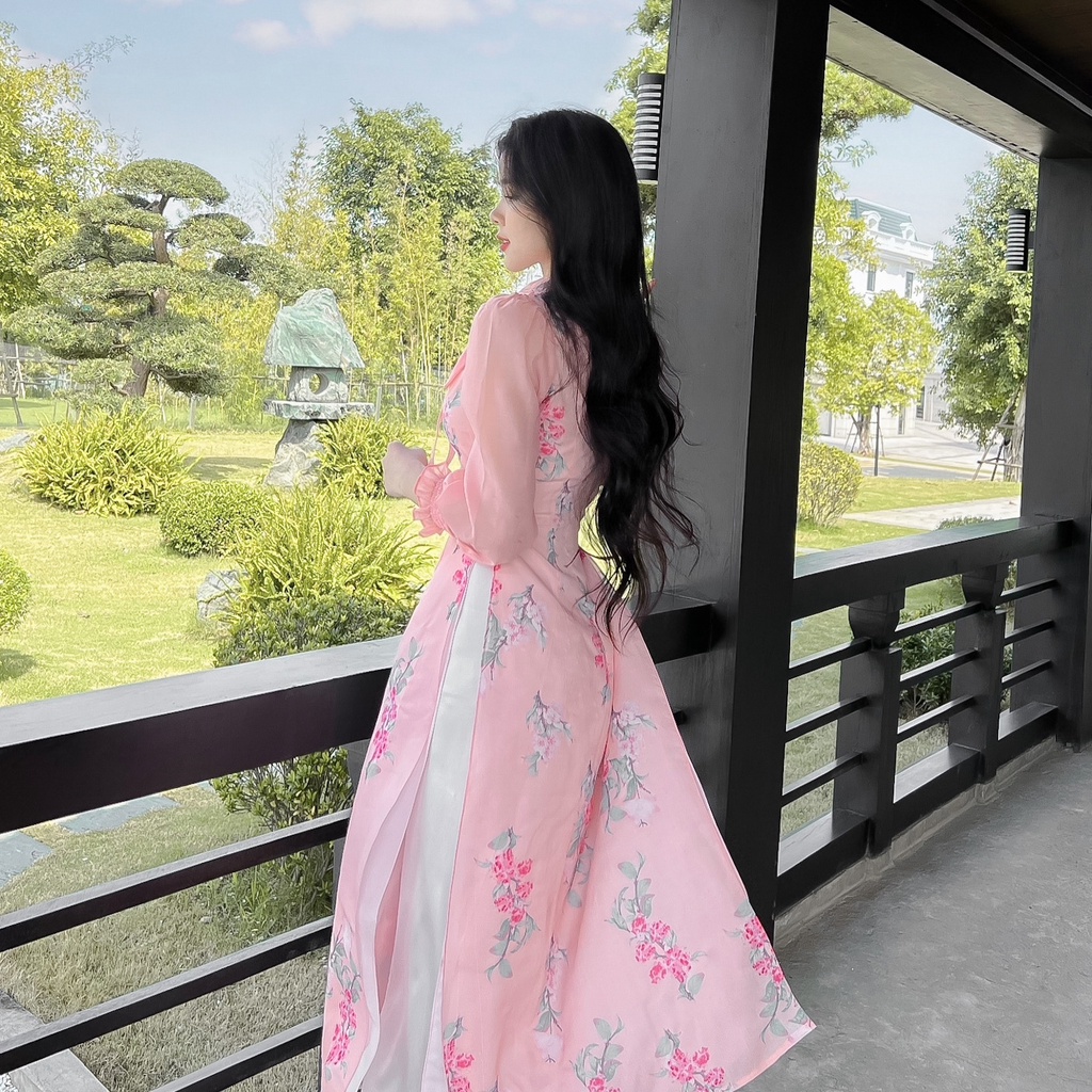 Áo dài cách tân hoa cổ nơ thiết kế chính hãng GIIAN, áo dài nữ vai bồng tay bo chun - AD270