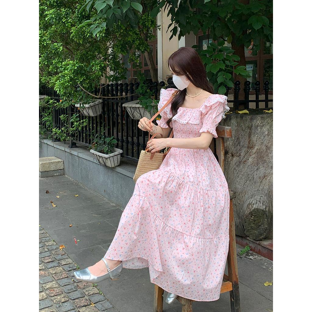 [ORDER] Đầm Dài Tay Cộc Màu Hồng Họa Tiết Hoa - Váy Trễ Vai Order Taobao VD058 ICC Official Store