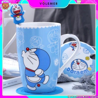 Cốc sứ uống nước kèm nắp + muỗng hình Hello Kitty / Doraemon
