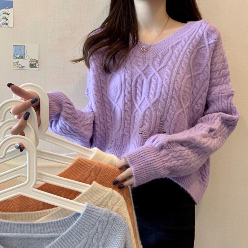 Áo sweater dệt kim cổ tim màu trơn thời trang cho nữ