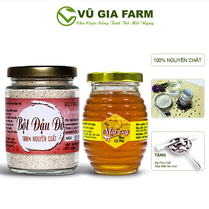 Bột Đậu Đỏ Nguyên Chất 100g + Mật Ong Hoa Cà Phê Nguyên Chất 100g - Vũ Gia + Tặng Bộ Đắp Mặt