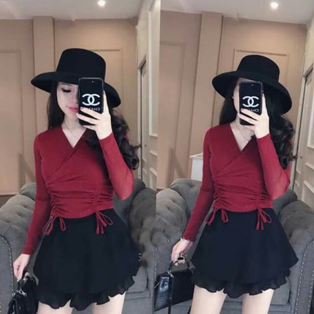 Áo nhũ rút eo cổ chéo