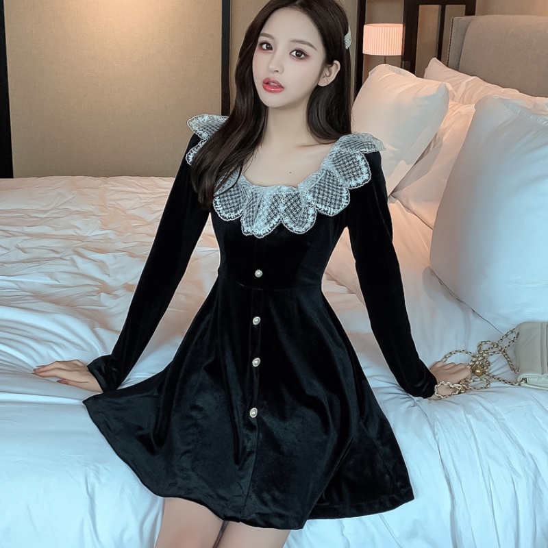 Đầm Ngắn Cổ Vuông Thời Trang Mùa Thu Hàn Quốc Dành Cho Nữ