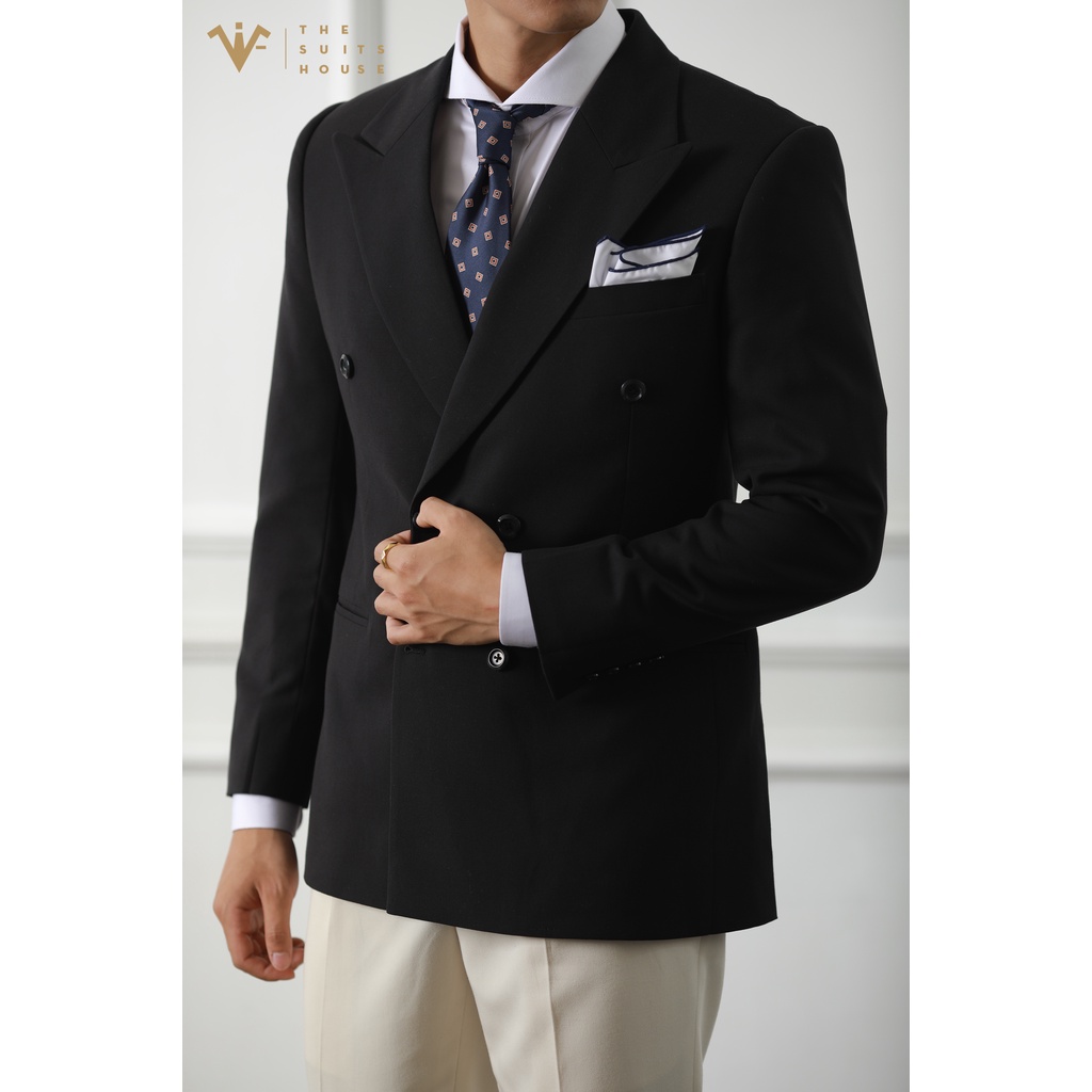 Bộ vest nam đen AP phối trắng kem, 2 túi 6 khuy, suits sartorial chất cashmere The Suits House