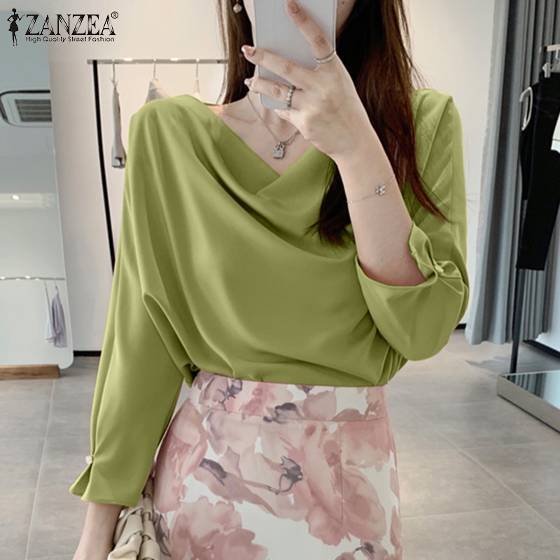 Áo kiểu ZANZEA tay lửng 3/ 4 vải satin màu trơn thời trang cho nữ