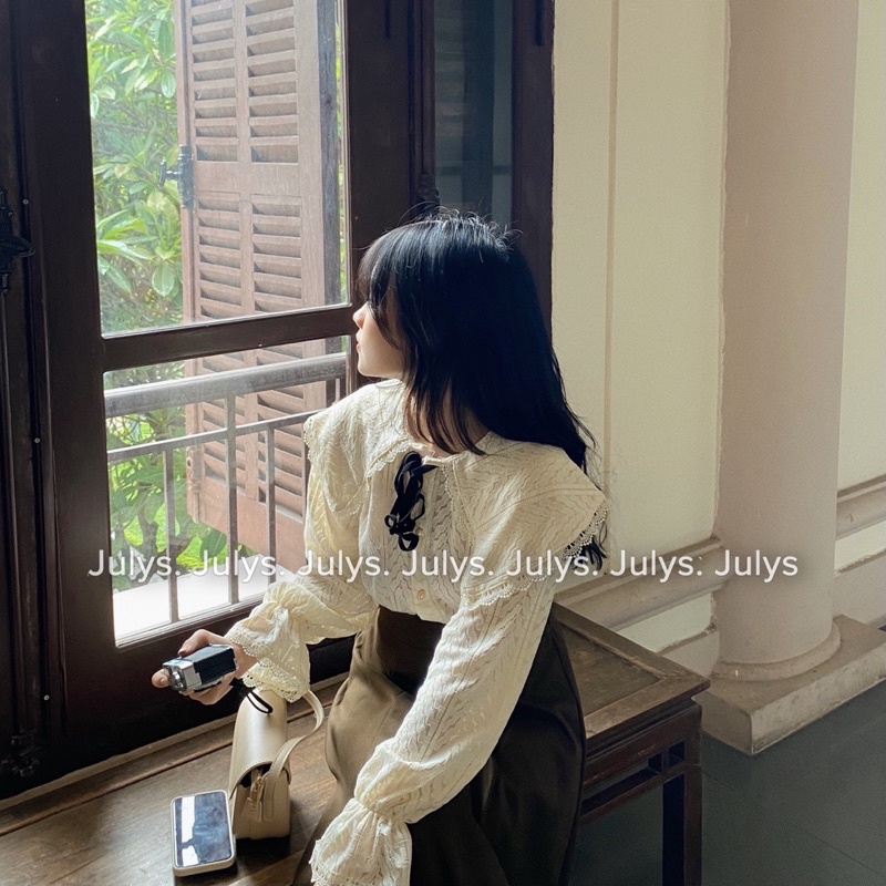 Áo kiểu ren cao cấp nơ cổ đen JULYS STORE (ảnh thật shop chụp kèm video cận chất)