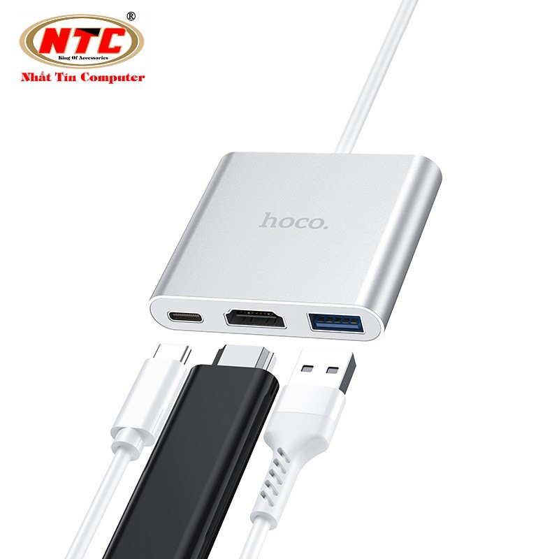 Cáp 3-in-1 chuyển đổi TypeC sang HDMI/ USB/ TypeC Hoco HB14 dây dài 15cm - hỗ trợ chất lượng 4K (Xám)