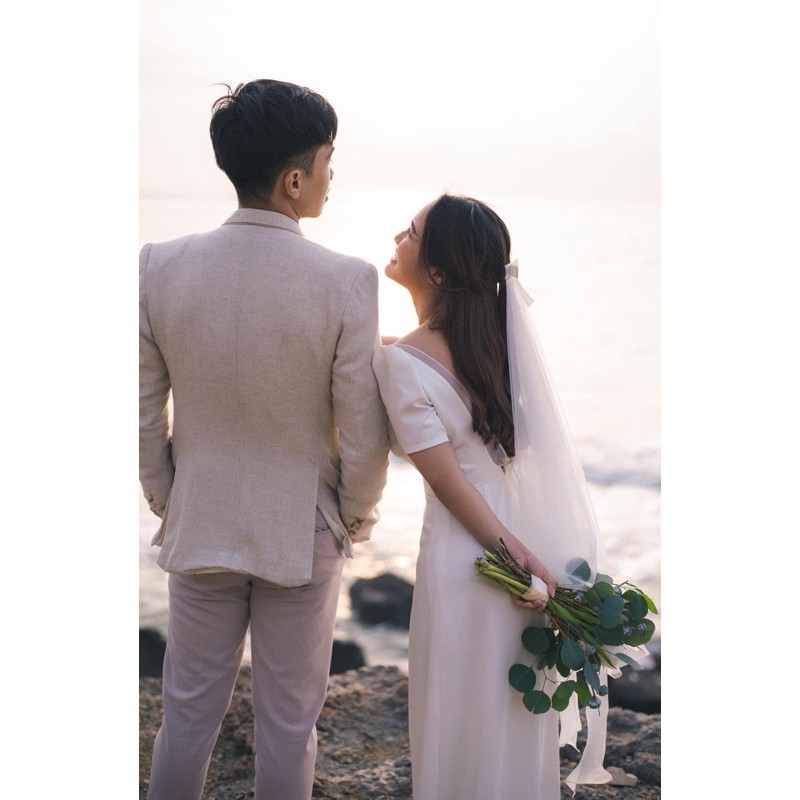 (miễn phí chỉnh váy) đầm dạ hội cưới tay ngắn váy xòe đuôi lê hở lưng cô dâu chụp ảnh cưới ngoại cảnh studio Hàn Quốc