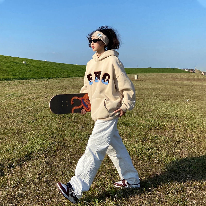 Áo hoodie lót nhung dày dặn dáng rộng in chữ thời trang thu đông dành cho nam và nữ | BigBuy360 - bigbuy360.vn