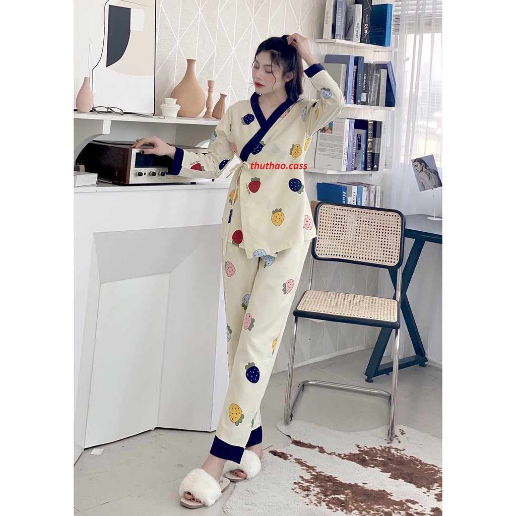 Set bộ đồ mặc nhà, đồ ngủ dài tay kimono cột dây tiểu thư kiểu dáng mới, sang trọng-Thu Thảo Shop.