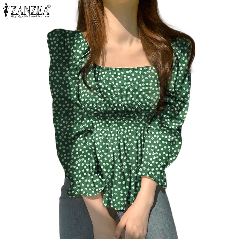 ZANZEA Áo Kiểu Tay Dài Cổ Vuông In Họa Tiết Phong Cách Hàn Quốc Thời Trang Cho Nữ