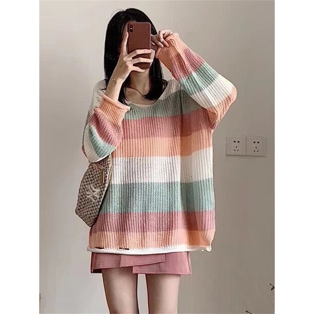 SET Áo Len Gân Mỏng Cầu Vồng + Chân Váy Chữ A
