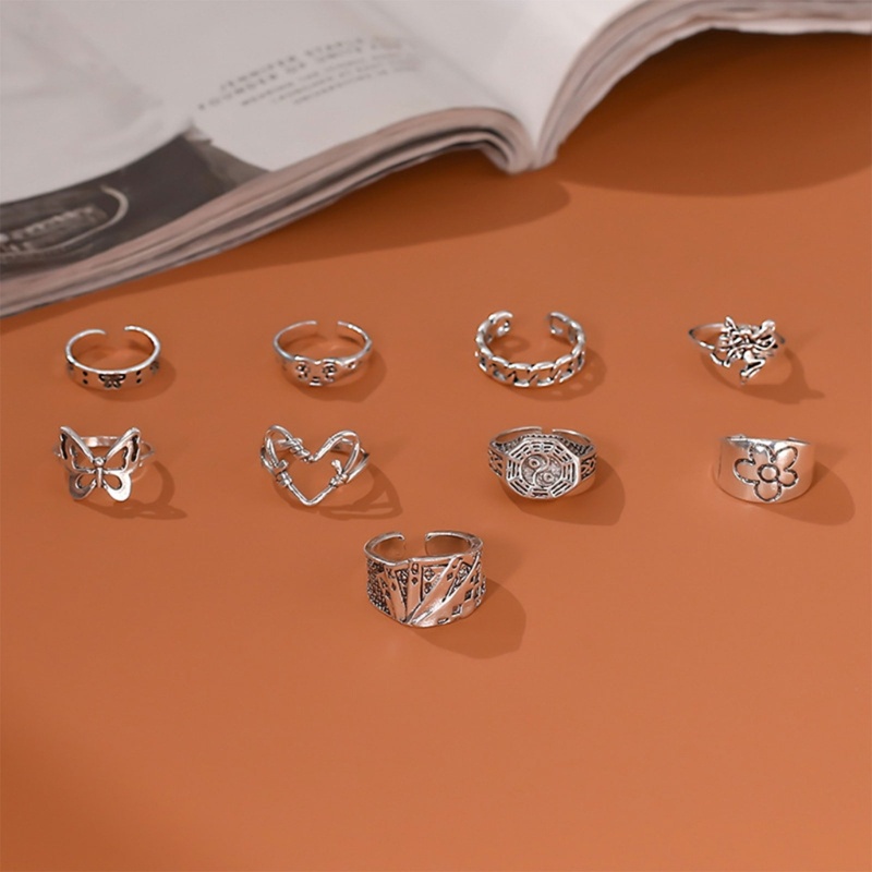 Set 9 Nhẫn Đeo Ngón Tay Họa Tiết Hoa Cúc / Bướm Sáng Tạo Dùng Làm Quà Tặng Sinh Nhật