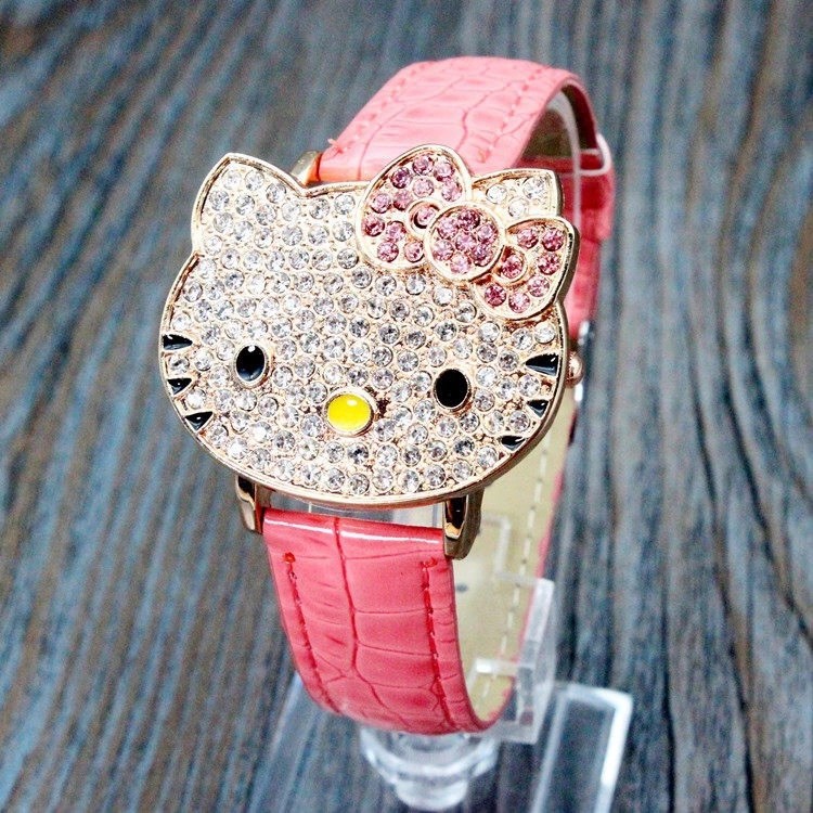 Đồng Hồ Nữ Dây Da Mặt Hình Hello Kitty Dễ Thương