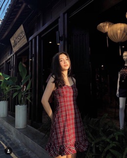 ĐẦM CARO ĐỎ HAI DÂY CỘT NƠ (KÈM VIDEO HÌNH THẬT)