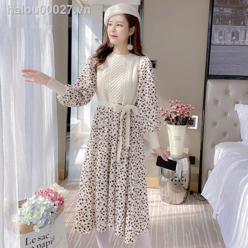 Đầm dệt kim in hoa thời trang mùa đông năm mới cho nữ