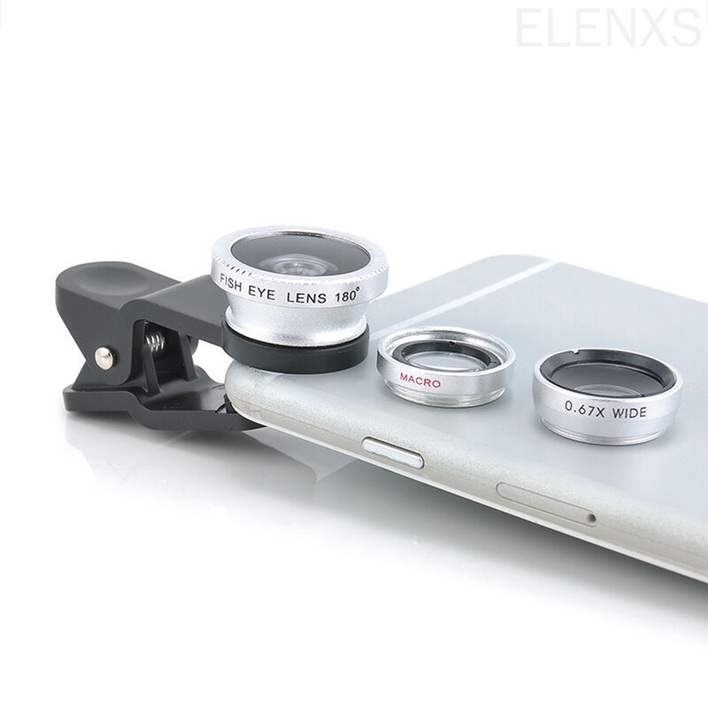 3-in-1 Universal Smartphone Camera Clip-on Lens Kit 180° Fish Eye Lens 0.67X Wide Angle Macro Lens ELEN