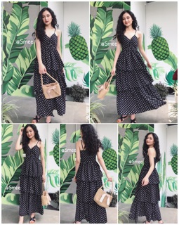 Váy 2 dây 3 tầng chấm bi trắng , đen